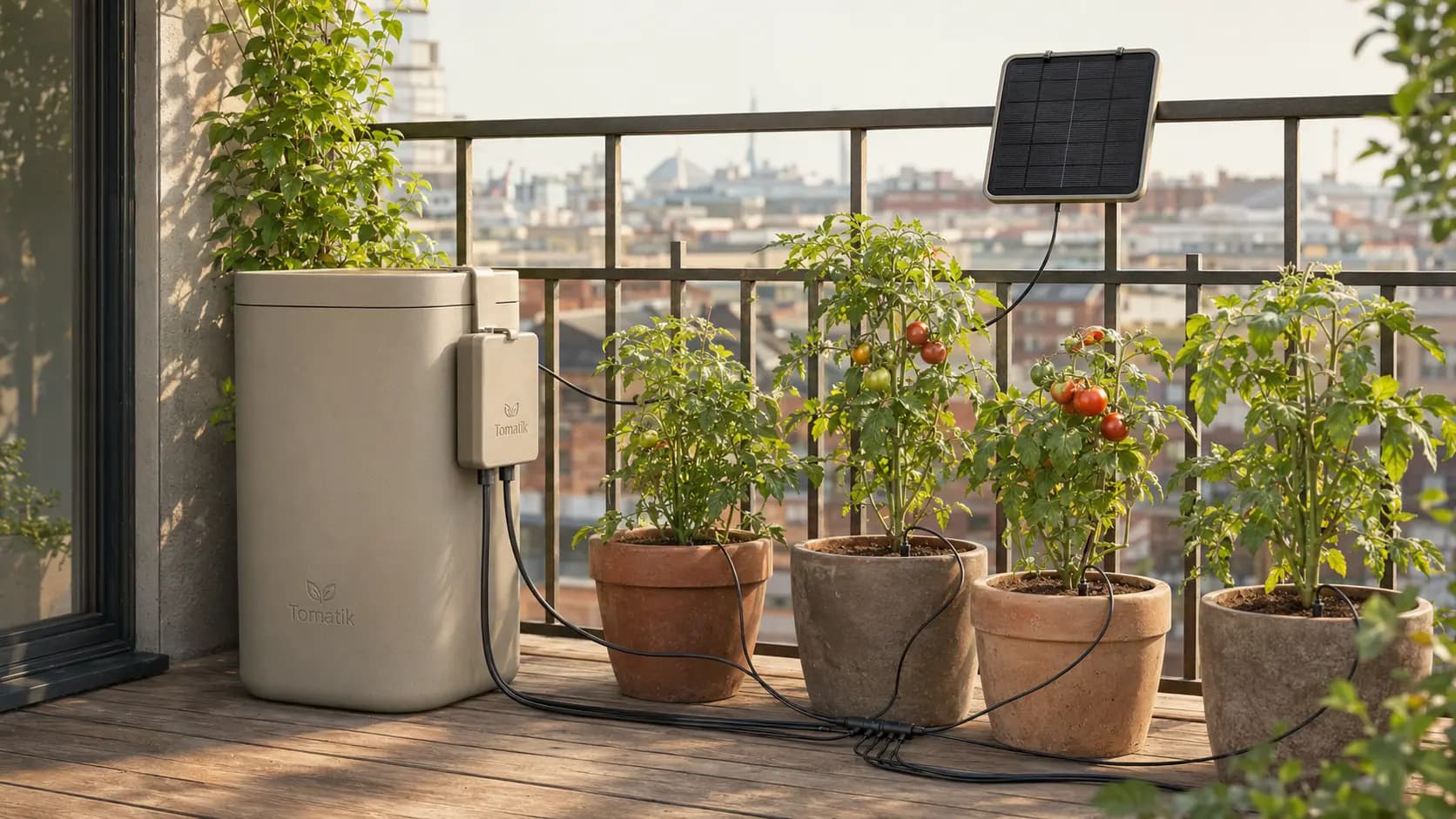 Tomatik bevattningssystem med solpanel, vattenbehållare och frodiga tomatplantor på en balkong i kvällssol